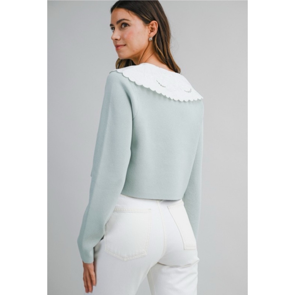 1141 • Seafoam Knit Double Breast Cardigan Top w/White Scallop Cotton Collar - Picture 6 of 11